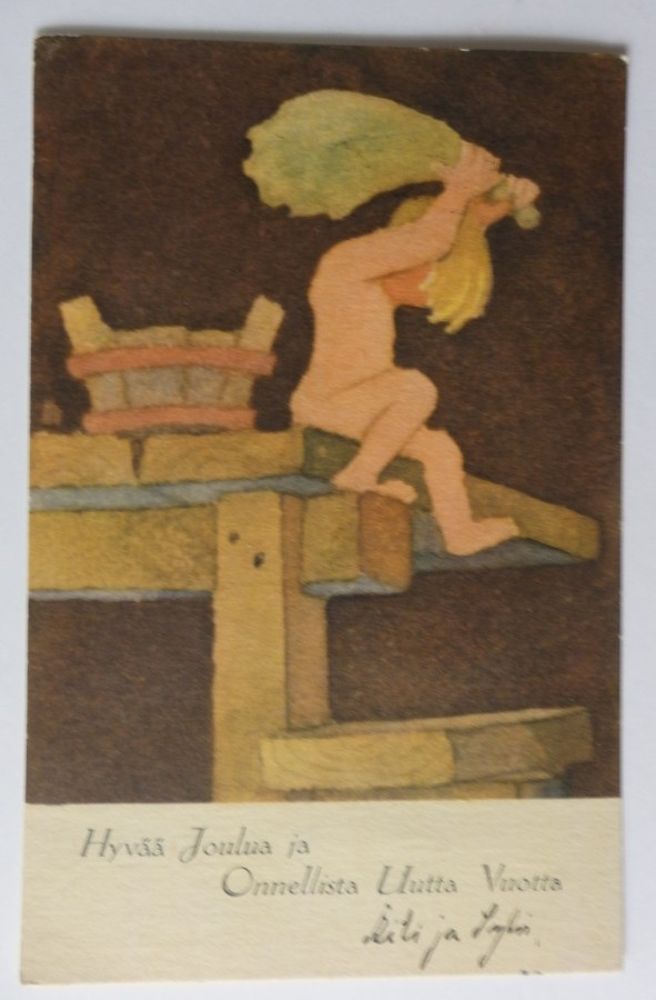 Lauri Santtu, lapsi saunomassa, postikortti 1940-luvulta