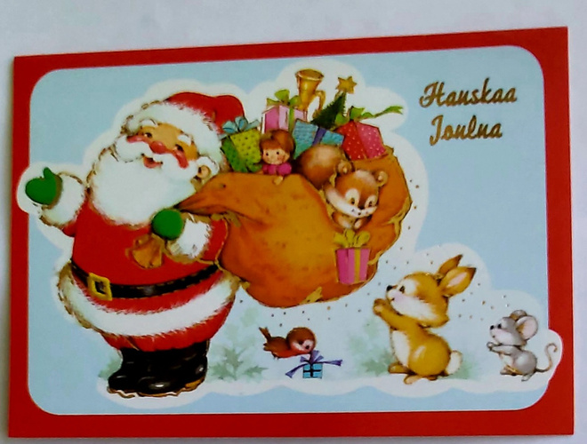 "Joulupukki lahjasäkki selässä" - 2 os. JOULUKORTTI