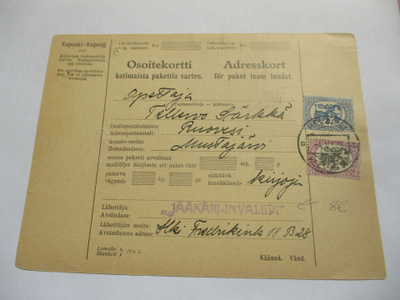 1928 Hki Jääkäri Invaliidi pakettikortti Ruovedelle