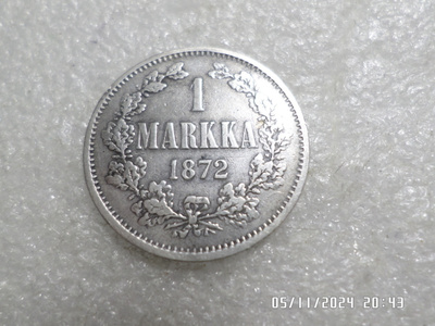 1 mk 1872 Hopeaa kulkenut kl6.