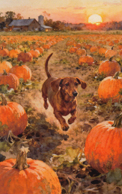 Halloween mäyräkoira juoksee kurpitsapellolla