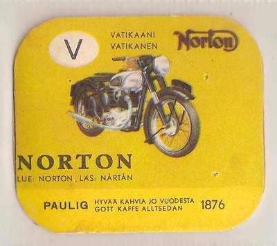 Norton moottoripyörä Paulig kahvilappu kahvikuva