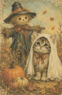 Halloween kissa kummitusasussa, linnunpelätin
