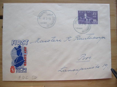 35 mk Olavinlinna FDC-kuori 1949 Poriin