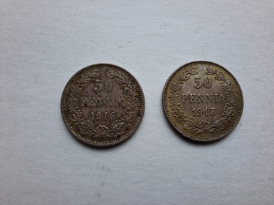 50 PENNIÄ 1916 ja 1917 Hopea