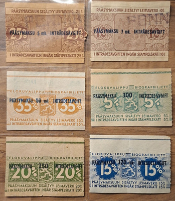 Veroliset Elokuvaliput 6 kpl 1930-luku.