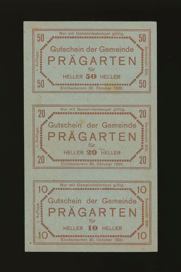 Itävalta 10, 20, 50 Heller, Prägarten, leikkaamaton arkki