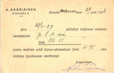 FIRMAKORTTI A . KÄÄRIÄ INEN KOUVOLA-TAMPERE