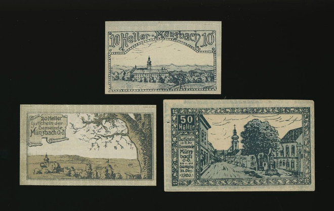 Itävalta Notgeld 10, 20, 50 Heller, Muenzbach 1920
