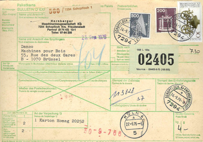 PAKETKARTE 24.9.76 SCHOPFLOCH. KR FREUDENSTADT 1 LEIMA BELGI