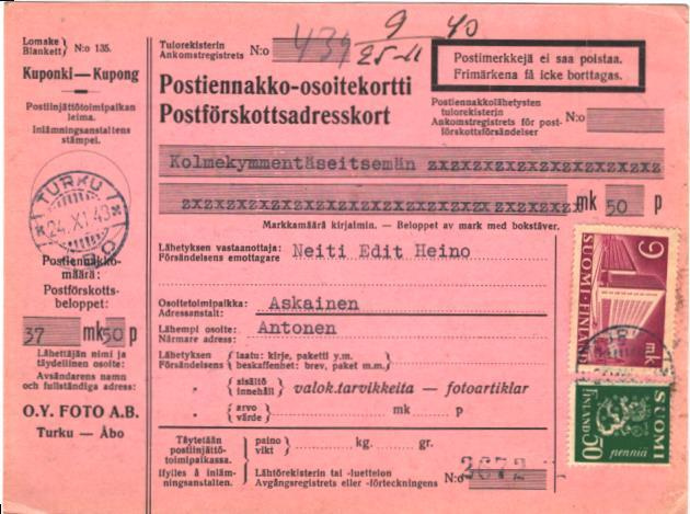 POSTIETUANNIN -OSOTEKORTTI TURKU-ASKAINEN