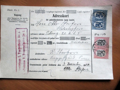 1920 Perus rivil + Lappfjärd osoitekortti