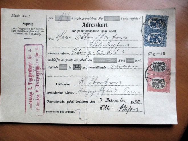 1920 Perus rivil + Lappfjärd osoitekortti