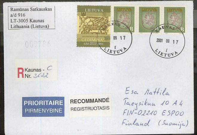 Liettua Mi 488 ym R-kirje Suomeen