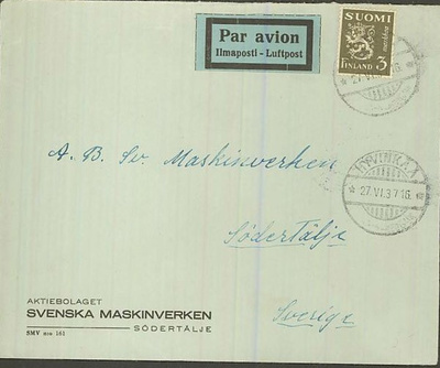 1930 3mk oliivi leijona lentokirje Ruotsiin