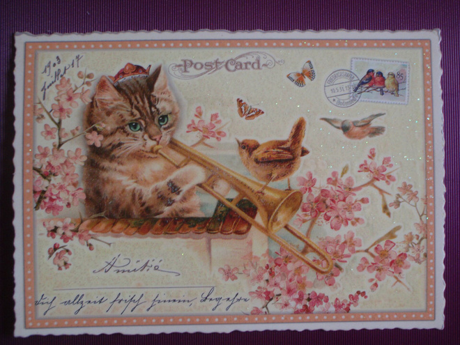 Barbara Behr kissa soittaa torvea peukaloiselle