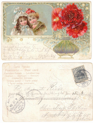 Vanha kohokortti, tytöt ja kukat, vuodelta 1904
