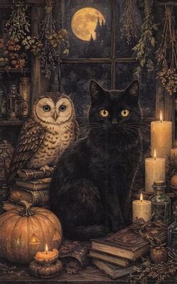 Halloween musta kissa, pöllö ja kynttilät