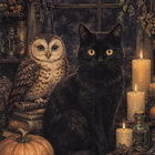 Halloween musta kissa, pöllö ja kynttilät - pikkukuva 1