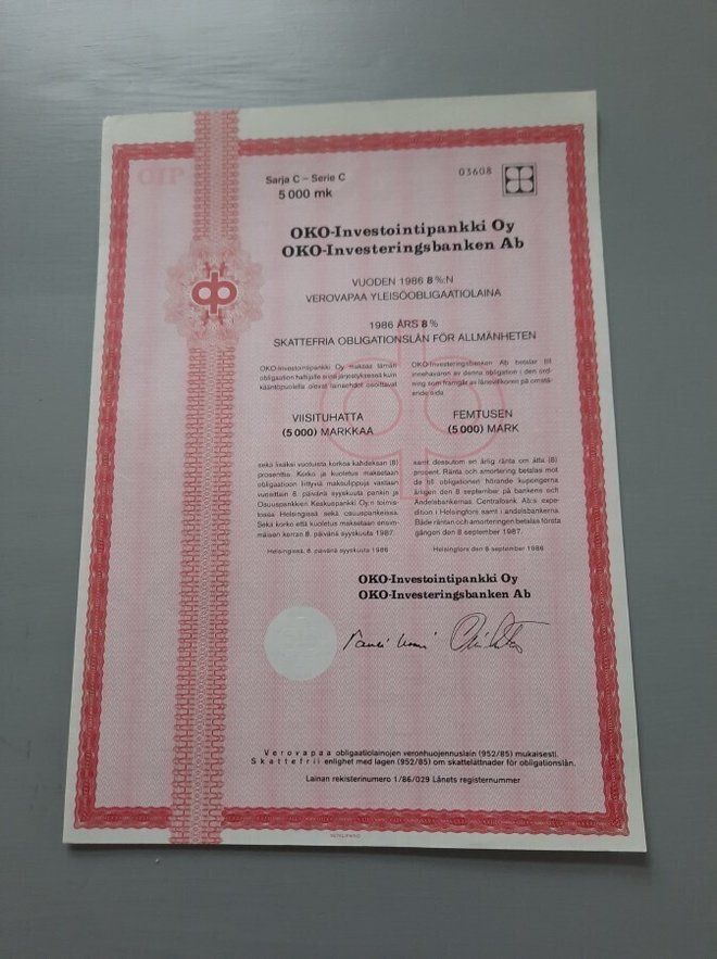 obligaatio OKO-Investointipankki 1986 c 5.000/8%
