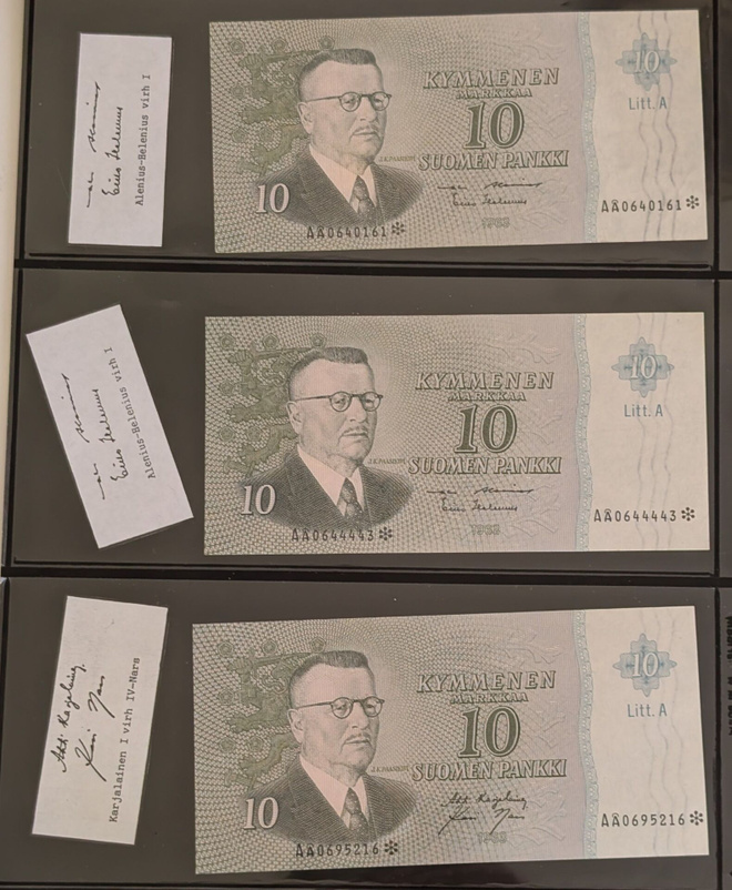 10 Markkaa 1963, virheellisyydet allekirjoituksissa, 3kpl