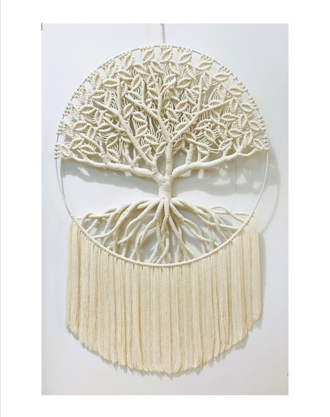 Valkoinen makramee Elämänpuu - 60 cm x 93 cm