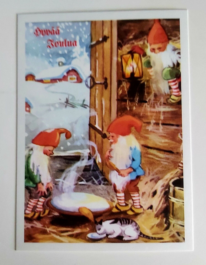 "Tontut ja kissa joulupuurolla"-KULKEMATON POSTIKORTTI