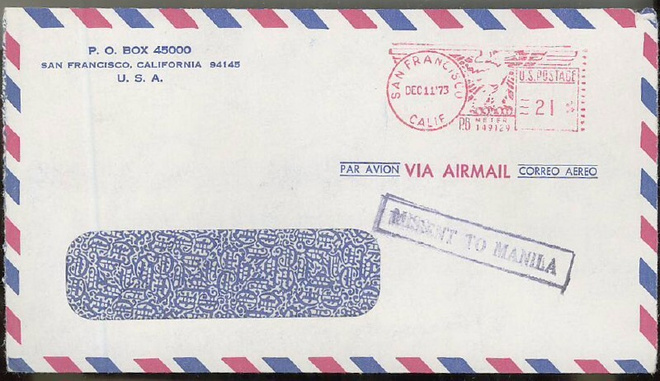 MISSENT TO MANILA -leima kirjeelä USAsta 1973