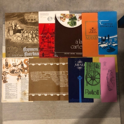 Ruokalistat 1960,1970 ja 1980-luvut. 10 kpl.