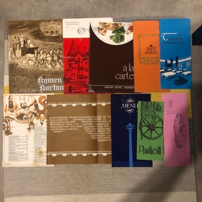 Ruokalistat 1960,1970 ja 1980-luvut. 10 kpl.