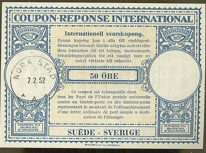 Ruotsi vastauskuponki 1952 50 öre o