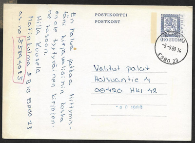 Postilähetys - Ehiö 0,90 (LAPE 138) Espoo 23 5.9.1989