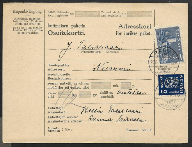 Pakettikortti - Yl.m. 2+5mk (LAPE 153+155) Rauma 20.12.30