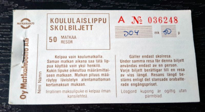 Koululaislippu 1987 matkahuolto keräilyyn - bussi linja-auto