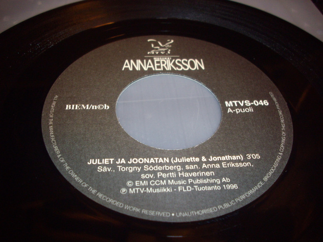 7" single : Anna Eriksson : Juliet ja Joonatan ( 1996 )