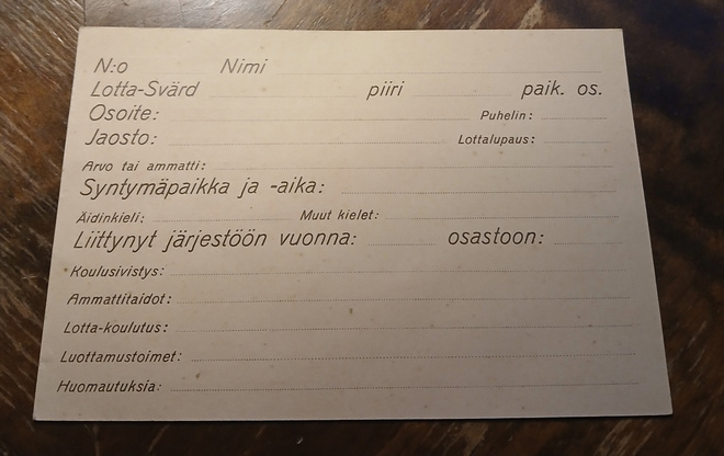 Lotta-Svärd , käyttämätön henkilökortti