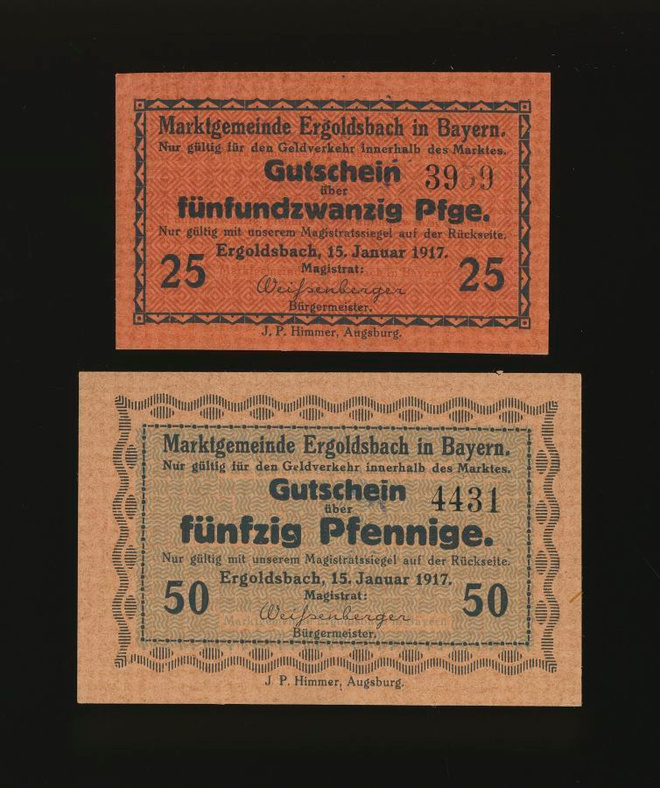 Saksa Notgeld 25, 50 Pfennig, Ergoldsbach 15.1.1917