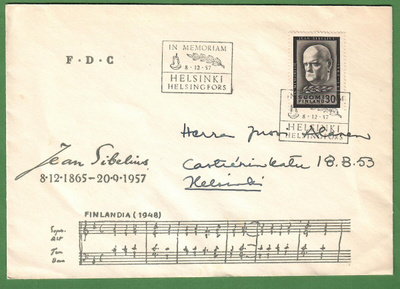 FDC-8.12.1957 Jean Sibeliuksen SURUMERKKI (103)