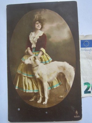 VANHA Kortti Nainen Borzoi Koira Venäjän Vinttikoira 1925