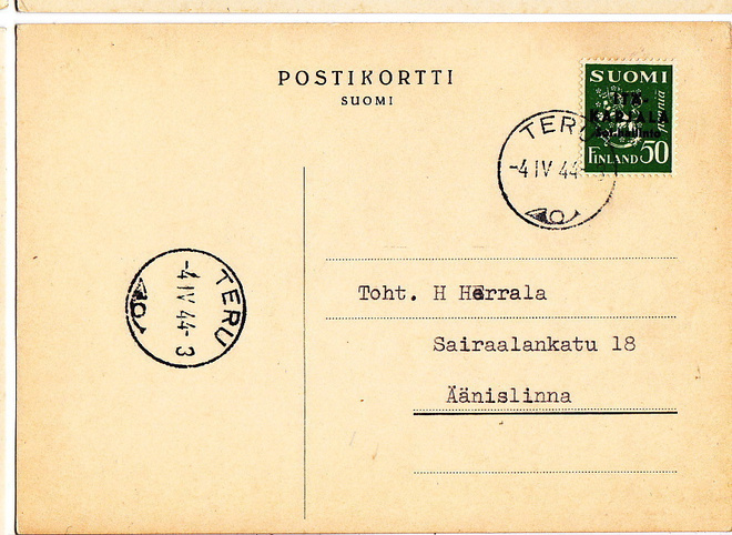 Postikortti Itä-Karjala Sot.Hallinto Teru Leima 1944