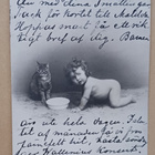 Vauva ja kissa samalla maitokupilla, vanha mv pk, p. 1913 - pikkukuva 1