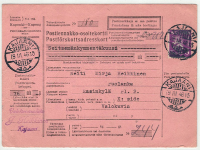 M30 1946 8 mk violetti postiennakkoristiside 1946