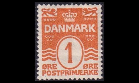 Tanska 77 ** Aaltoviiva 18 syd. 1 öre (1913)