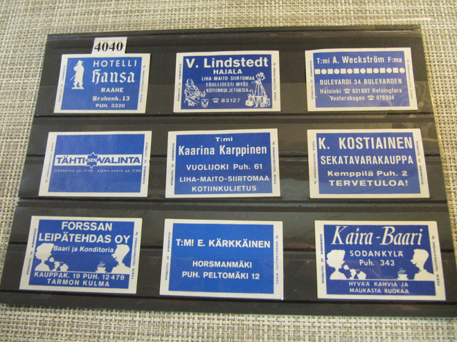 Tulitikkuetikettejä 9 kpl. Mm. Kaarina Karppinen Vuolijoki