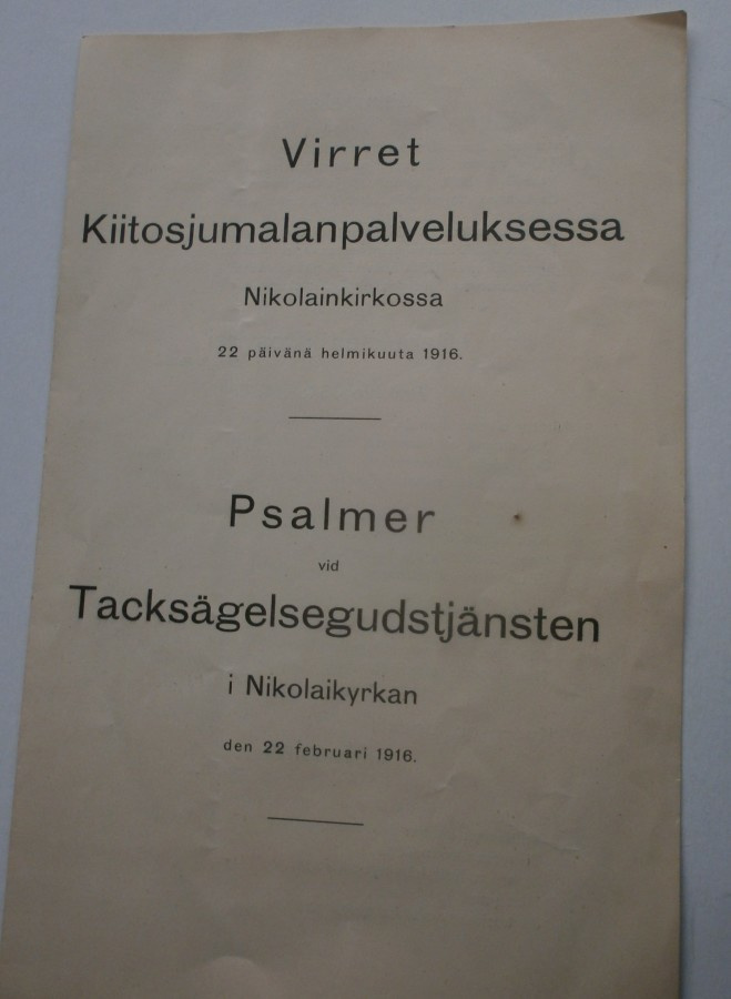 Kiitosjumalanpalvelus Nikolainkirkossa 22.2.1916 + virret