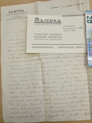 Mainoskortti + Kirje Matkailijakoti Sampsa Jyväskylä 1933