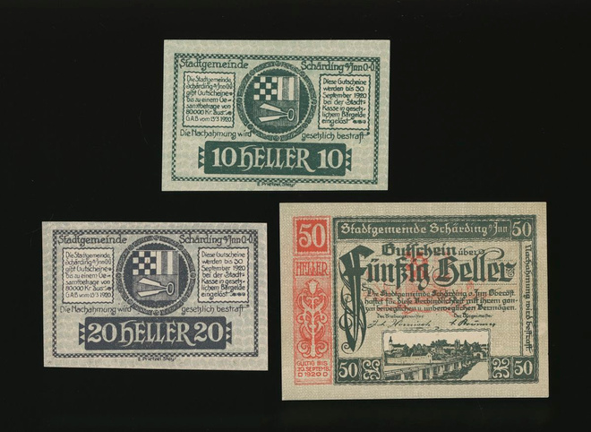 Itävalta Notgeld 10, 20, 50 Heller, Schärding 1920