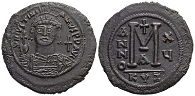 BYZANTINE / Justinian I, Æ Follis AD 541-542