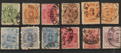 1875-85 Vaakunamerkkejä 12 kpl leimattuina 5p-1mk