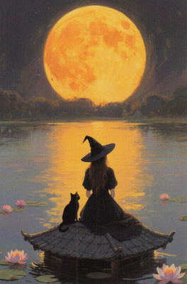 Halloween noita, kissa, suuri täysikuu